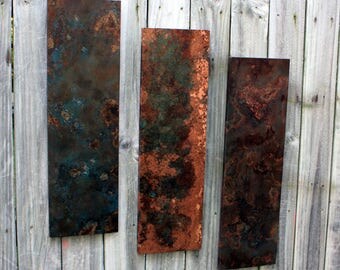 Copper Wall Art. Copper Patina Art. Copper Trio Wall Art. Copper Wall Decor. Metal Wall Art. Metal Art. 9w x 30l. Clear Coat Finish