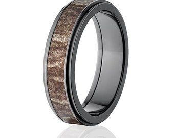 New Black Zirconium 6mm Bottomland Mossy Oak Licensed Mossy Oak Camo Ring Camo Wedding Ring Black Zirconium Wedding Band: BZ-6HR-BOTTOMLAND