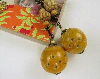 Chain Pull Pair or Lamp Chain with Large Decorative Wood Beads and Bone Accents