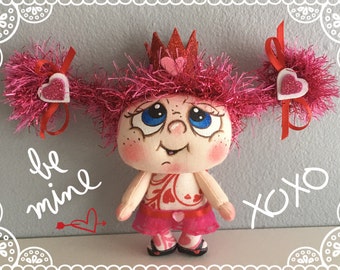 OOAK Artist Miniature Cloth Pocket VALENTINE Rag Doll "CHERISH" only 3 1/2" high!