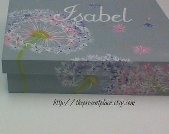 Large,dandelion,keepsake box personalized,customized,pink,purple,grey,dandelions.make a wish box,girls memory box,children's boxes,baby gift