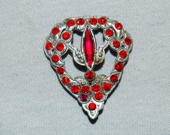 C Clasp Antique Victorian Brooch / Signed T&G / Red Rhinestone/ old jewelry / Vintage