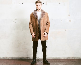 Suede Sheepskin Coat . Mens Vintage 80s Faux Sherpa Coat Winter SUEDE Leather Brown Jacket Overcoat Outerwear Long Jacket . size Large
