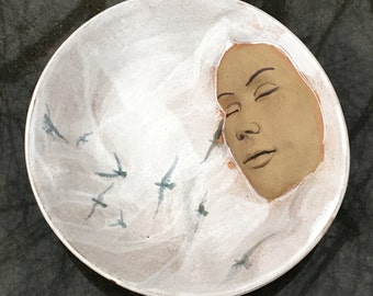 Ceramic Bird Bowl Face Sculpture, Snow Queen Roundel, Wall Hanging Serving Platter Goddess Art