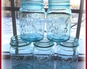 Blue Ball Jars PINT Size Mason Jars Canning Jars Set of 5