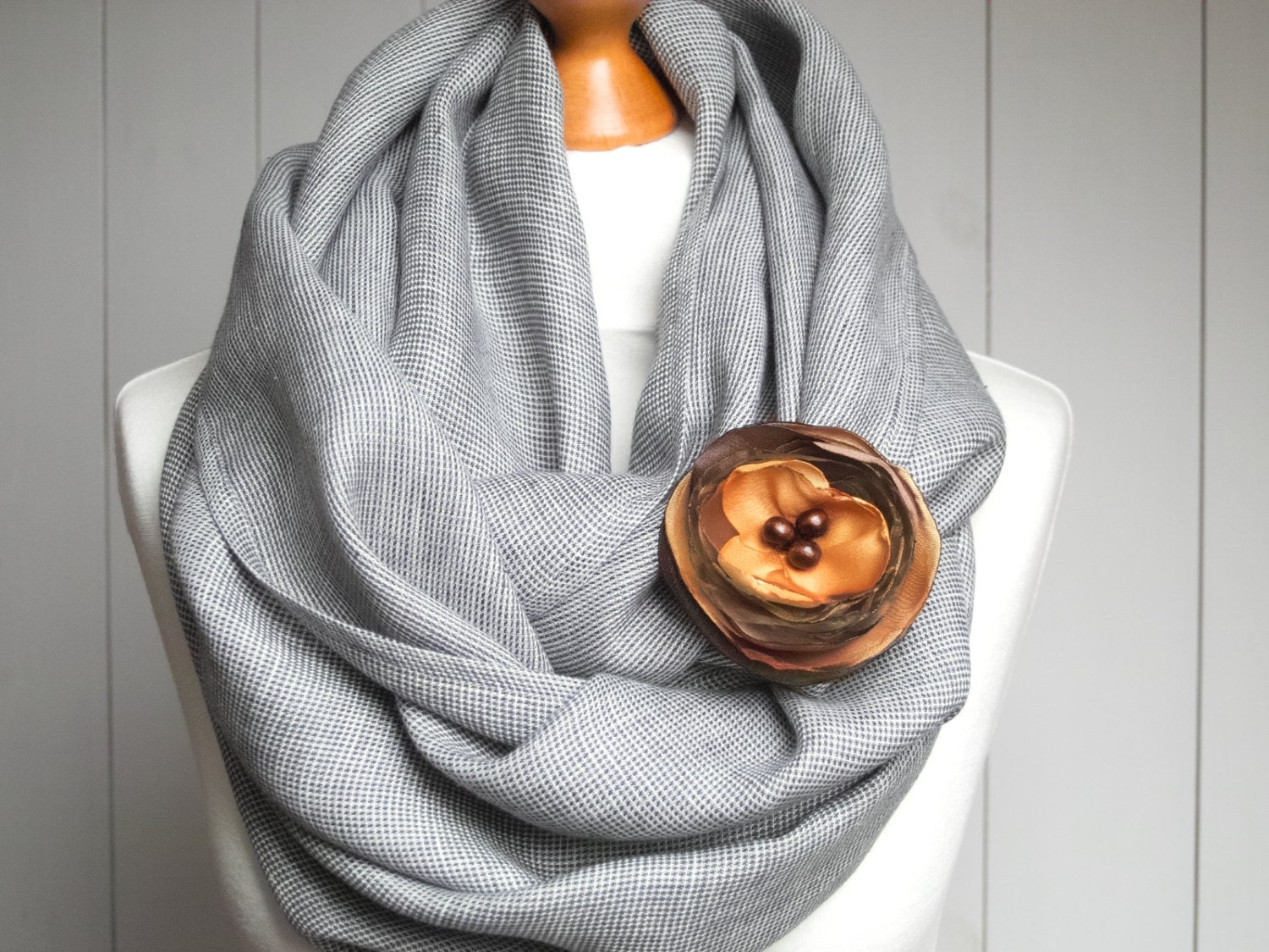 LINEN Infinity Scarf tube scarf with flower brooch pure linen