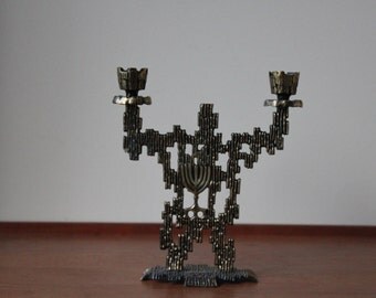 Vintage Brutalist Brass Candelabra, Candle Holder, by Hakuli, Israel,