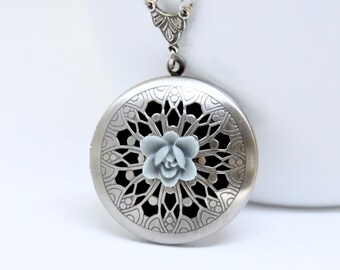 Dusty Blue Flower Locket Necklace, Antique Silver Locket, Filigree Locket, Lotus Flower Locket, Flower Necklace, Floral Scent Locket Pendant