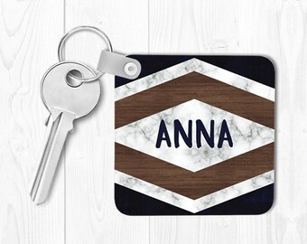 Marble Keychain Monogrammed Key Chain Housewarming Gift Wood Keychain Personalized Keychain Wood Key chain Custom Keychain Navy Blue