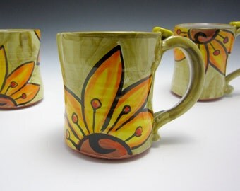 Ceramic Coffee Mug - Pottery Coffee Mug - Gift for Her - Mom Gift - Pottery Mug - Yellow Orange Sunflower - Majolica - Green - 15 ounces oz
