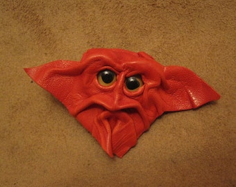 Grichels leather pin/tie tack/brooch - red orange with rosy gold fish eyes