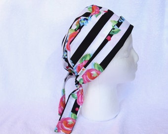 Scrub Caps for Women - floral stripes, black and white