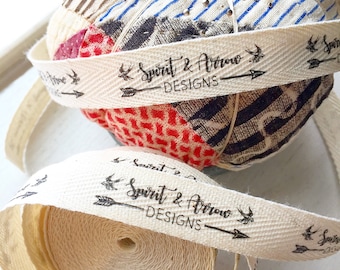 Twill, Half Inch Ribbon, Spool - Flat or Folded, CUSTOM Printed Sew-in Fabric Label (natural and white)