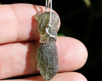 Moldavite Green Meteorite Wire Wrapped with Argentium Silver Stone Pendant