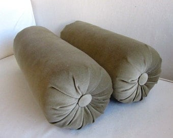 VELVET olive green Bolster pillows 6x14 pair