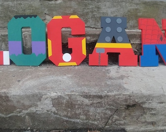 Custom Block Letter Name Sign - Custom Boys Block Letter Super Hero Name Sign - Custom Hanging Block Letters