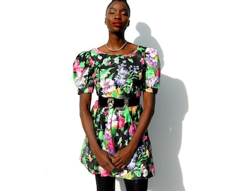 Floral tea party frock minidress with puffy shoulder 1990s 90s VINTAGE
