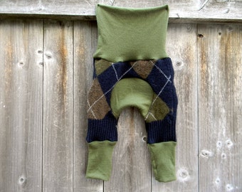 NEWBORN Upcycled Wool Maxaloones Longies Soaker Cover Diaper Cover Navy/Green/Brown Argyle Pattern & Green NEWBORN 0-6M