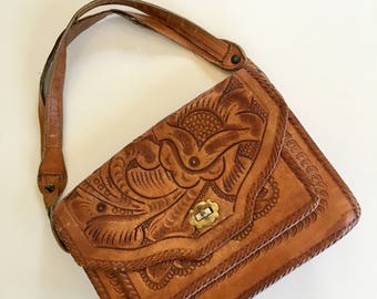 vintage 1970s tooled leather handbag - FLOR mexican leather purse