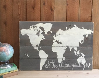 Oh the Places You'll Go - Wood World Map - Rustic Nursery Wall Art- Rustic Wood Map - Rustic Nursery - Play Room Decor - Gift for Baby Room