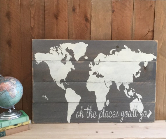 Oh the Places You'll Go Wood World Map Rustic Nursery