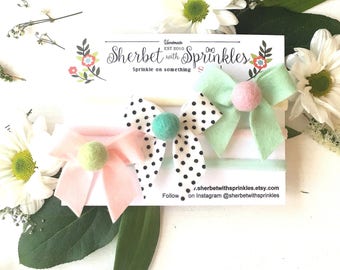 Summer Retro Hair Bow Set with Pom Pom Centers, Wool Felt Hair Bow, Nylon Headbands,Bow Hair Set, Baby Hair Clip Set, Baby Bow