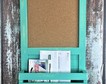 Cork Board, Kitchen Organizer, Bulletin Board, Mail Holder, Office Organizer, Rustic Decor, Message Board, Rustic Aqua, Home Decor