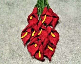 Miniature Red Paper Calla Lily With Green Wire Stems - 5/25pcs