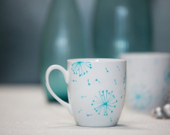 Hand Painted Ceramic Coffee Mug Tea Cup Aqua Dandelion Botanical Design White Modern Kitchen Decor Decorative Art