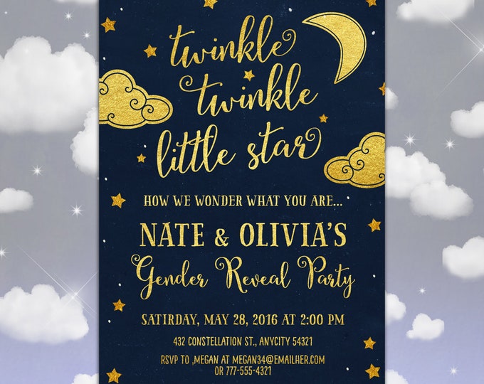 Twinkle Twinkle Little Star Gender Reveal Baby Shower Invitation, Chalkboard Navy Blue and Gold Printable Invitation