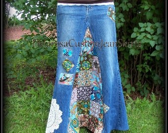 DELAROSA Classic Hippie patchwork Long Jean Skirt Custom Order