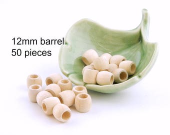12mm ( 1/2 inch ) Barrel Beads with large hole - Unfinished Wood - 50 pieces
