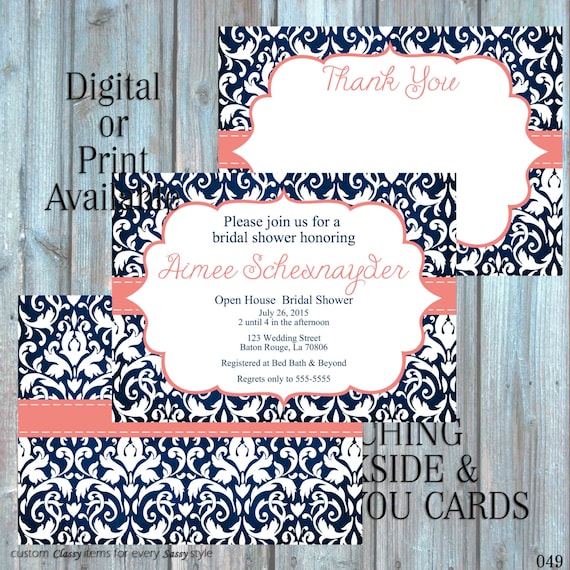 Bridal Shower invitation, Damask Invitation Classic Tea party Shower, Navy Invitation, Tea pArty Luncheon Bridal Shower 049