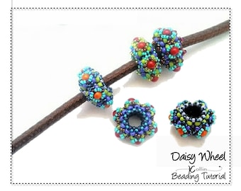 Beading Pattern, Right Angle Weave, Beaded Spacers, Slider Beads Beading Instructions, DIY Donut Beads Jewelry Beading Tutorial DAISY WHEEL
