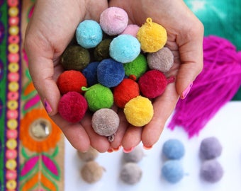 Luxe Pom Poms with Loops for Jewelry, New SPRING Pantone Colors, 1" Designer Jewelry Making Charms, Summer Trend, Handmade Cotton, Pairs