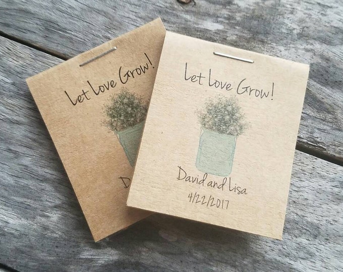 Personalized Mason Jar w/ Babys Breath, Design MINI Seeds Let Love Grow - Love Blossoms Flower Seed Packet Favor Rustic Cute Little Favors