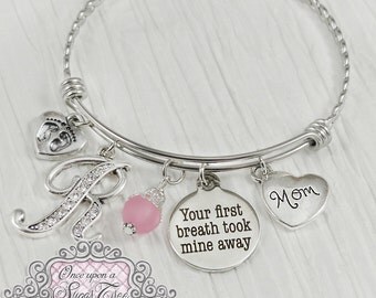 New Mom Gift- Jewelry-Your first breath took mine away-Personalized Bangle Bracelet-Push present for mom,Baby Footprint charm,Charm Bracelet