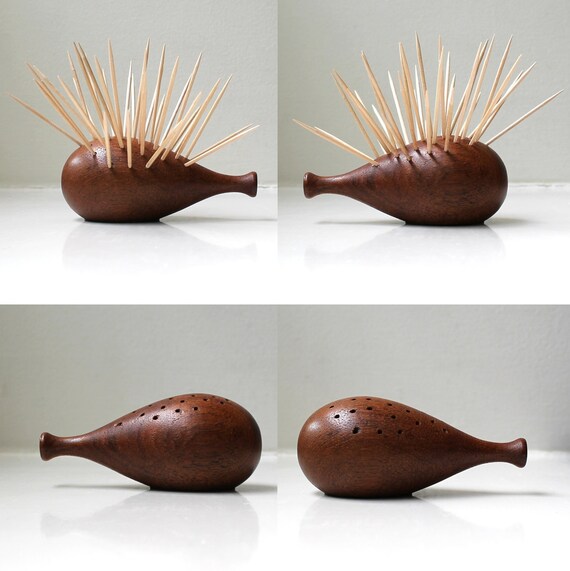 Danish Modern Teak Hedgehog Toothpick Holder Handmade Gematex