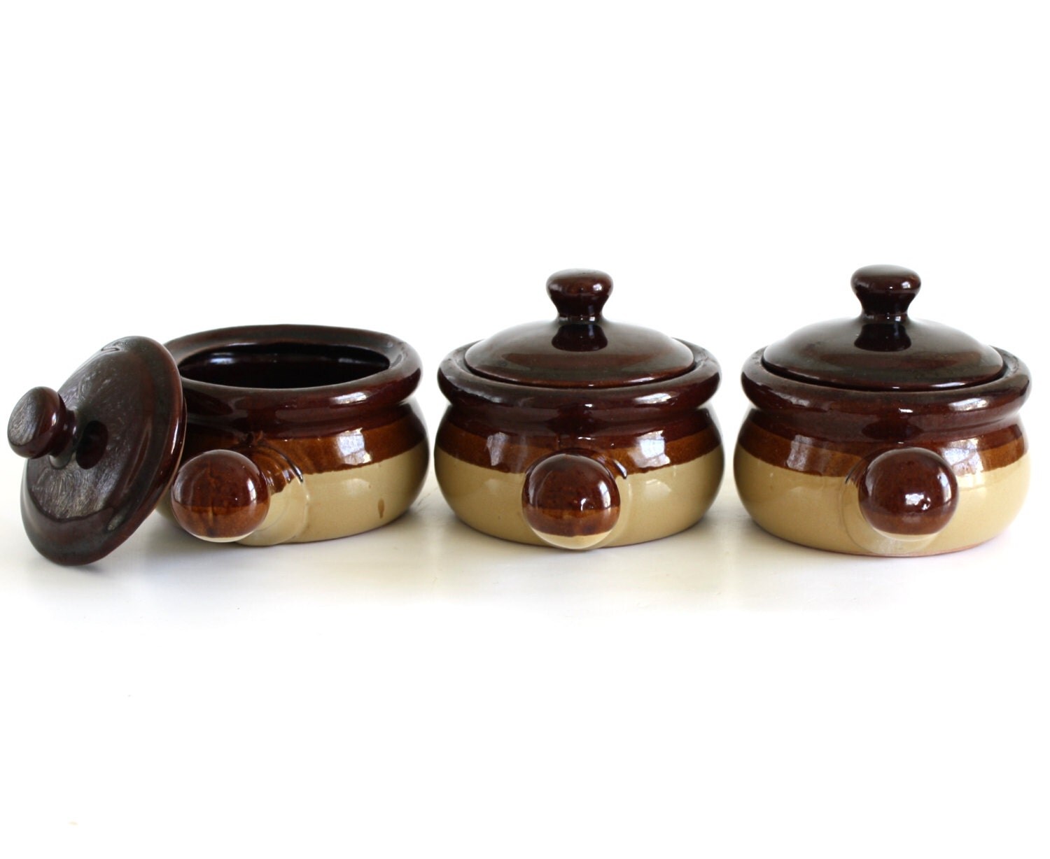 Brown Stoneware Soup Bowls Onion Crocks Bean Pots w/ Handle