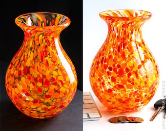 Hand Blown Glass Vase with Hot Yellow Orange and Red Dots