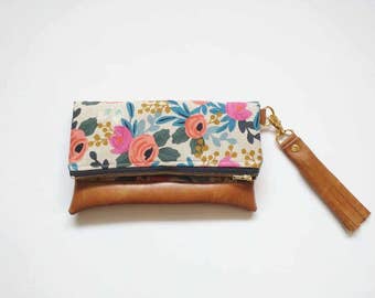 Floral clutch with brown faux leather