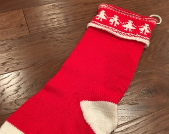 vintage hand knit christmas stocking chunky goodness red and white