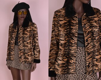 90s Fuzzy Tiger Print Faux Fur Trim Jacket/ Small/ 1990s