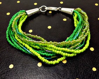 Seed Bead Bracelet, Green, Strand Bracelet, Multistrand Bracelet, Green Bracelet, Glass Bead Bracelet, Beaded Bracelet, Boho, Bohemian
