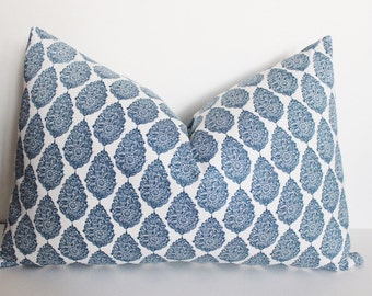 Blue and white paisley pillow cover, throw pillow, decorative pillow, cushion cover, accent pillow, blue white paisley block print