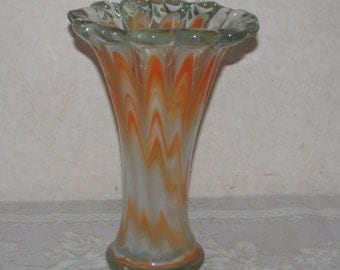 Hecho Mexico Art Glass Hand Blown Orange and White Swirl Vase