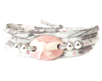 Dragonfly bracelet in pale grey & pink, nature themed clay charm wrap with Liberty ribbon, 21st birthday gift for young women