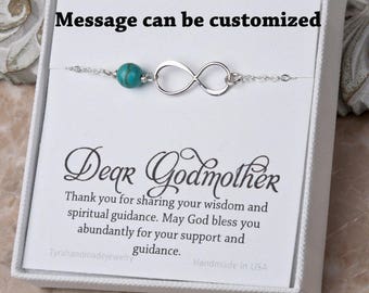 Godmother gift,Godmother infinity bracelet,birthstone bracelet,Godmother thank you card,Infinity turquoise bracelet,custom message card