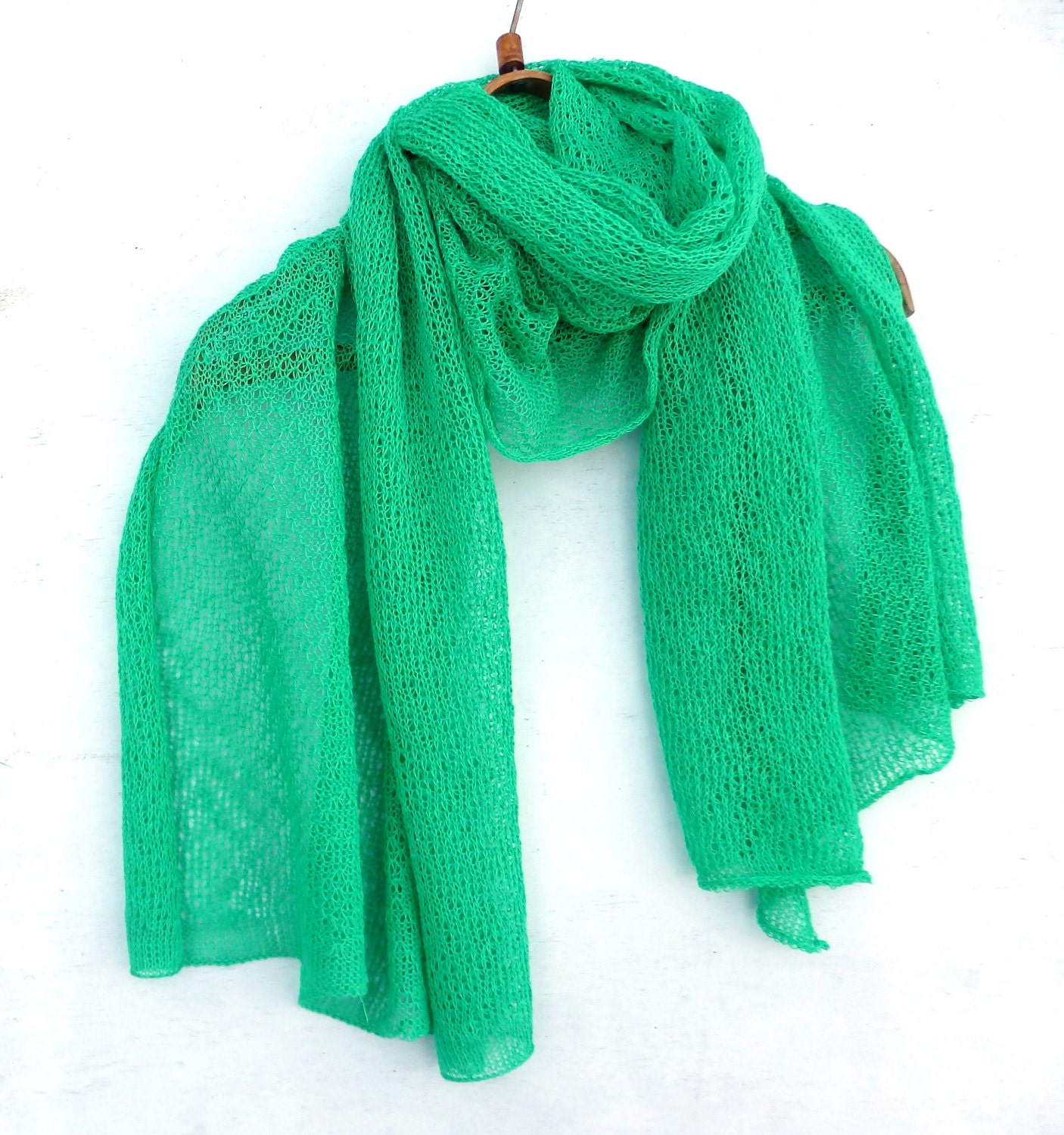 Shawl knitted linen scarf knit green wrap knitting flax