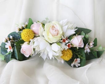 Silk Flower hair accessory. Native blushing bride, billy buttons, roses, waxflower. Hair flowers for wedding, photoshoot, party, races